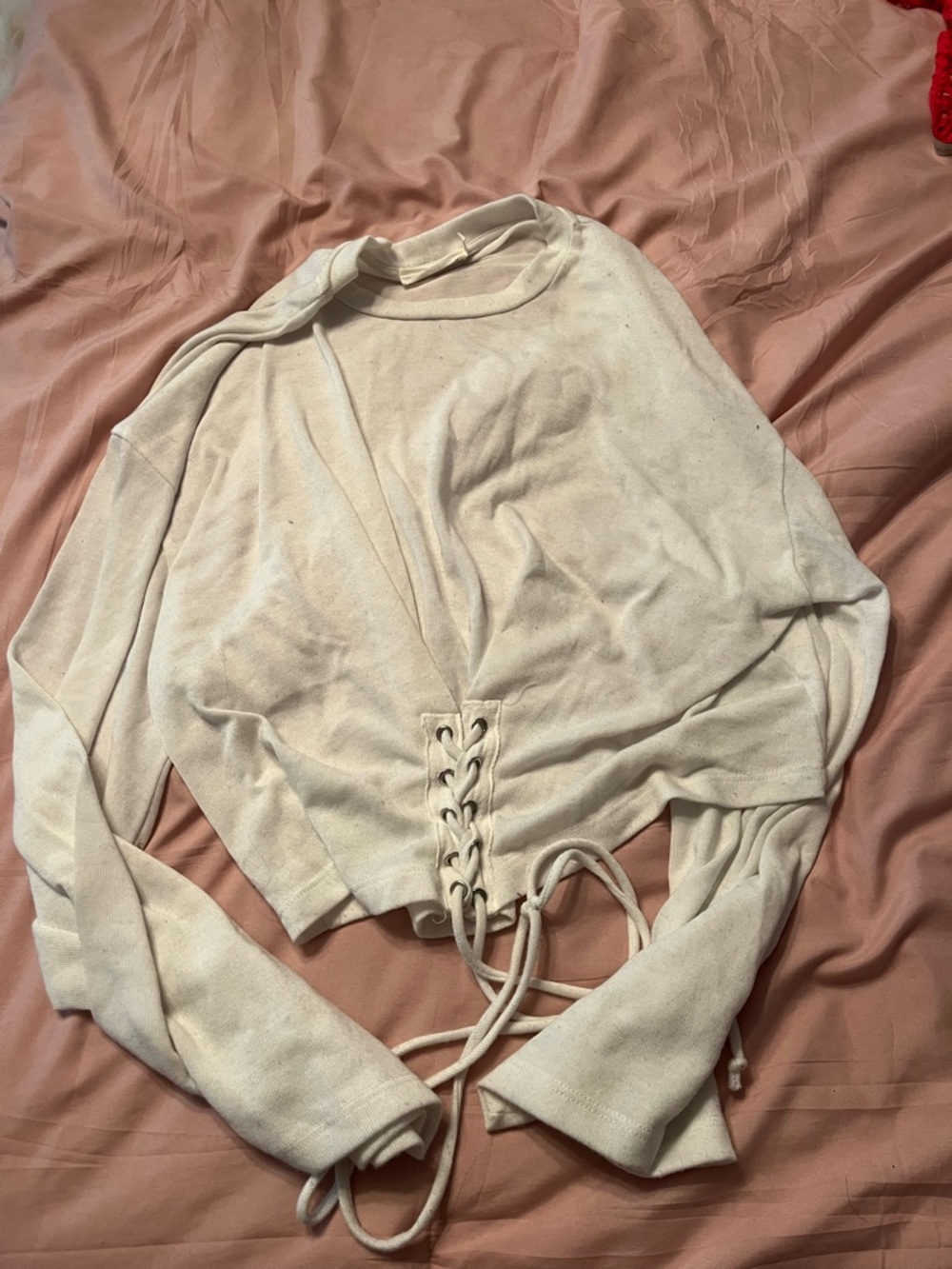 Lush Cream Lace-Up Long Sleeve Crop Top